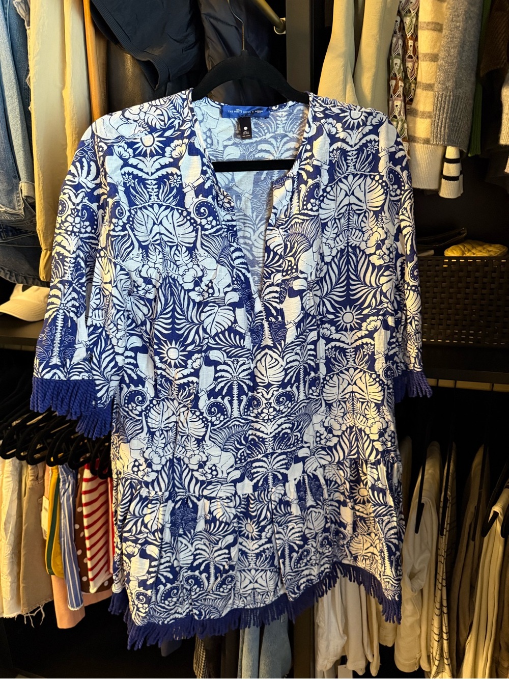 Aqua Blue & White Printed V-Neck Swim Coverup Tunic